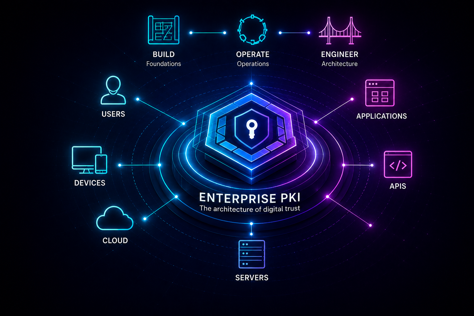 Enterprise PKI trust architecture: a central digital trust core connected to users, devices, applications, APIs, servers, and cloud, above a Build, Operate, Engineer progression